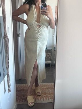 Halter Cutout Ruched Maxi Dress in Light creme
